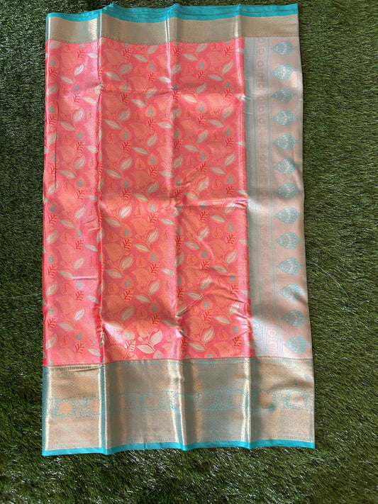 Pale Orange and metalic green Kanjivaram Semi Silk Sarees Mandira Silks