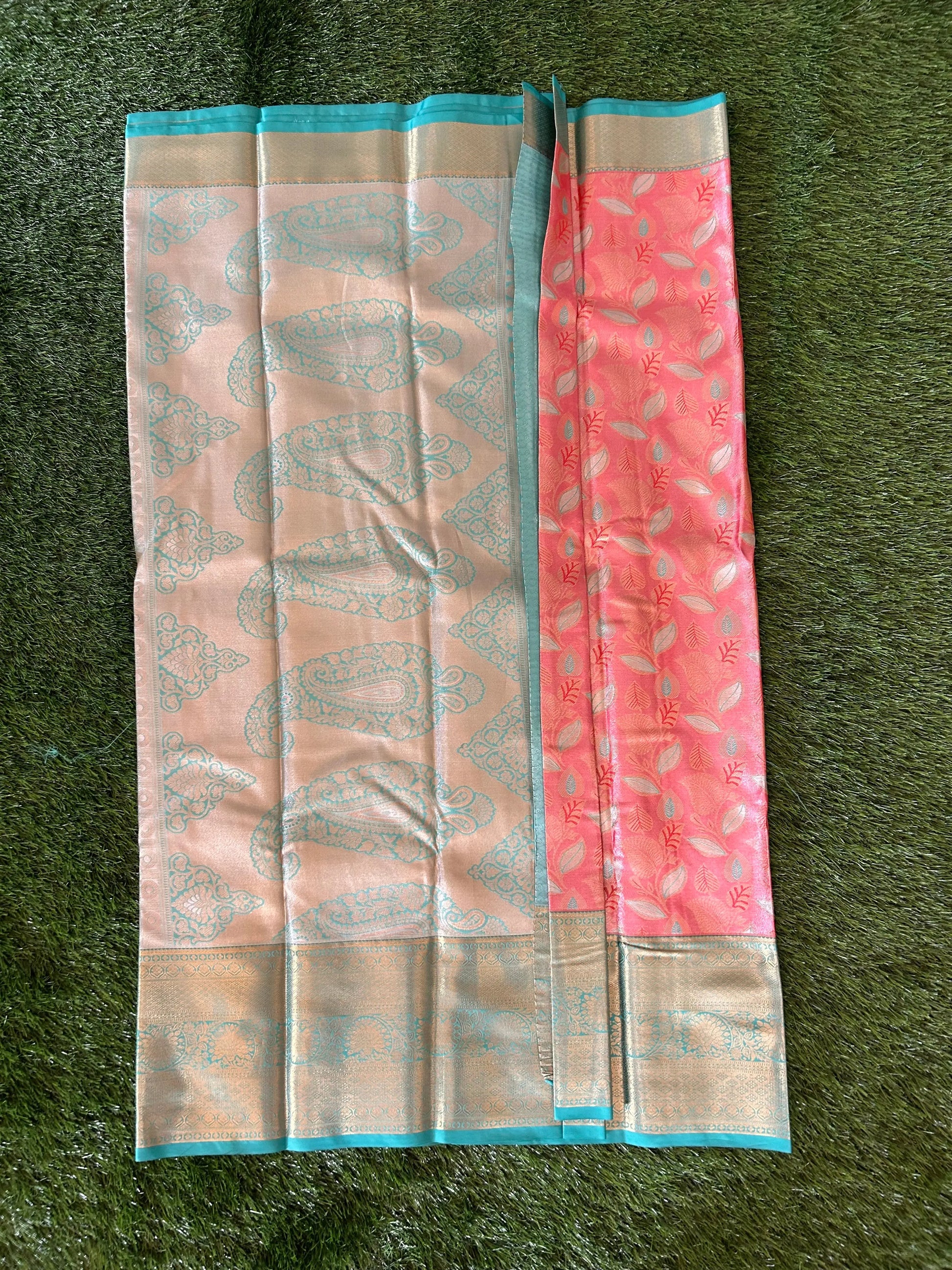 Pale Orange and metalic green Kanjivaram Semi Silk Sarees Mandira Silks