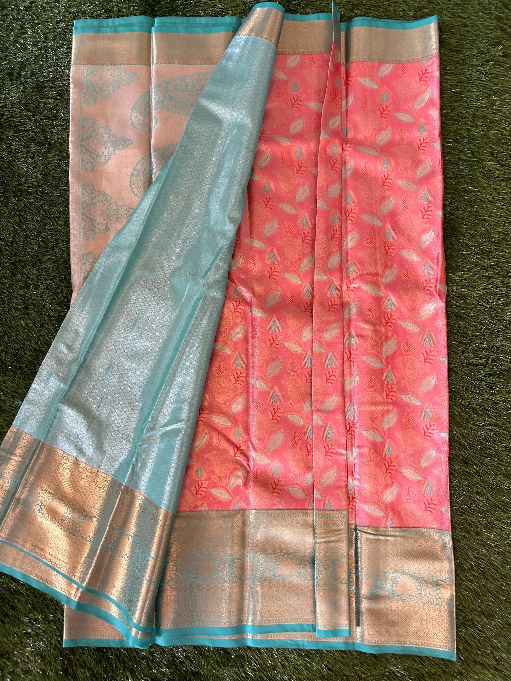 Pale Orange and metalic green Kanjivaram Semi Silk Sarees Mandira Silks