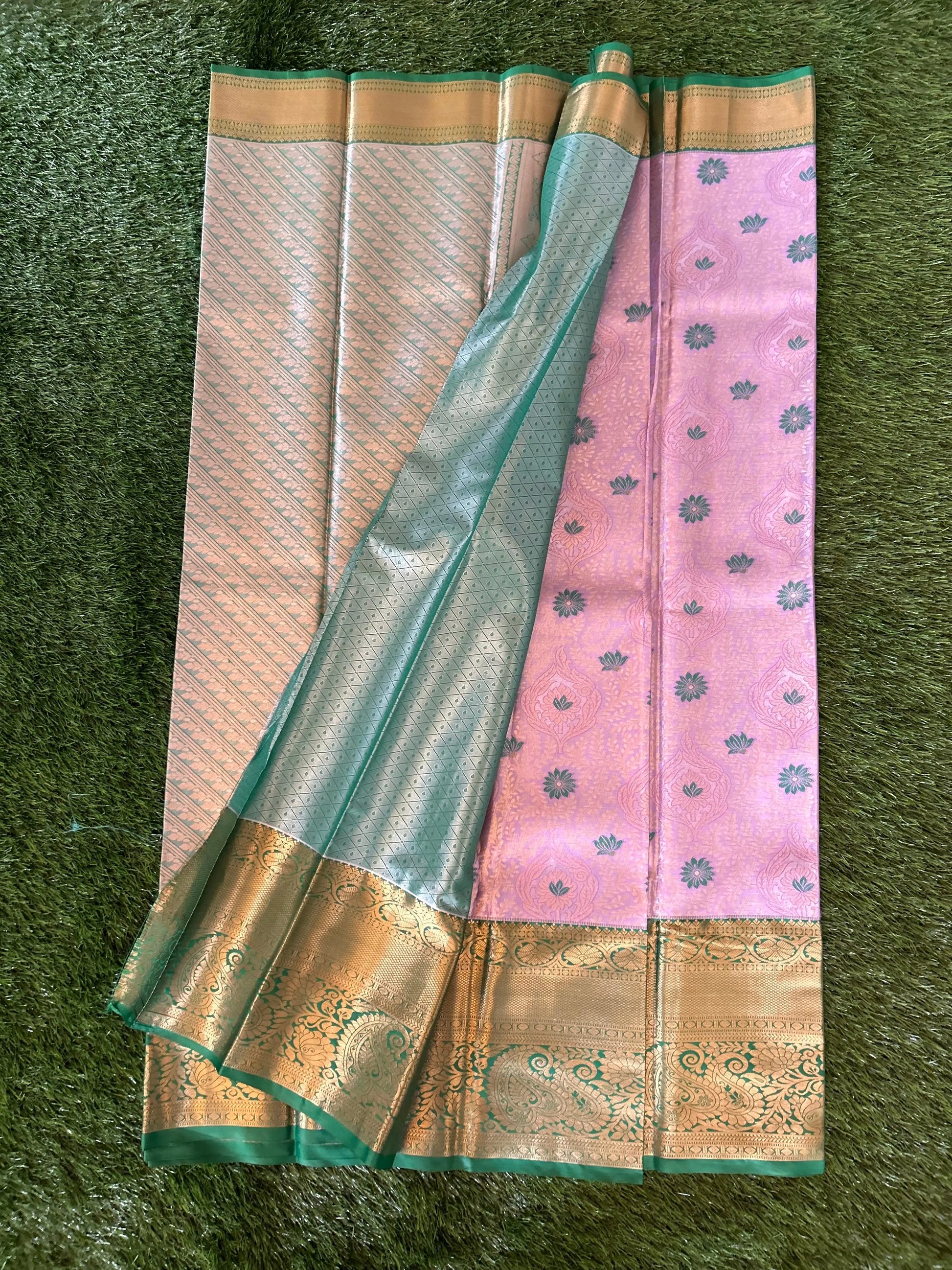 Lavender and green Kanjivaram Semi Silk Sarees Mandira Silks