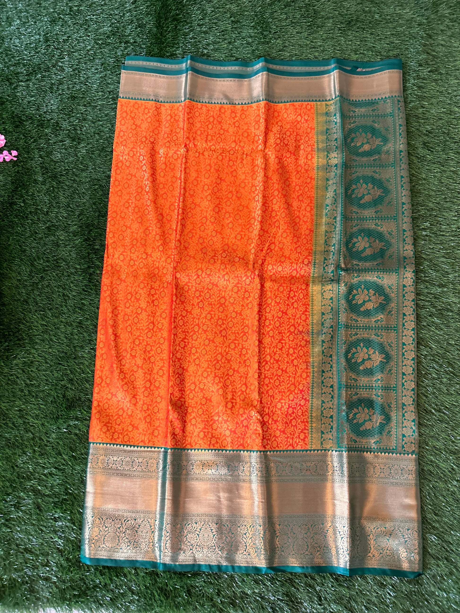 Orange and Green Kanjivaram Semi Silk Sarees Mandira Silks
