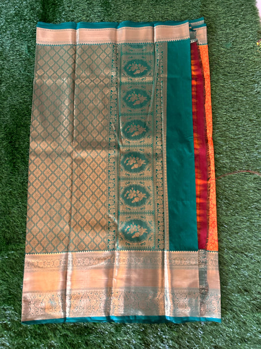 Orange and Green Kanjivaram Semi Silk Sarees Mandira Silks