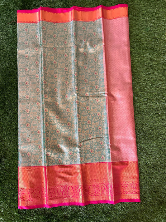 Metalic Blue and Pink Kanjivaram Semi Silk Sarees Mandira Silks