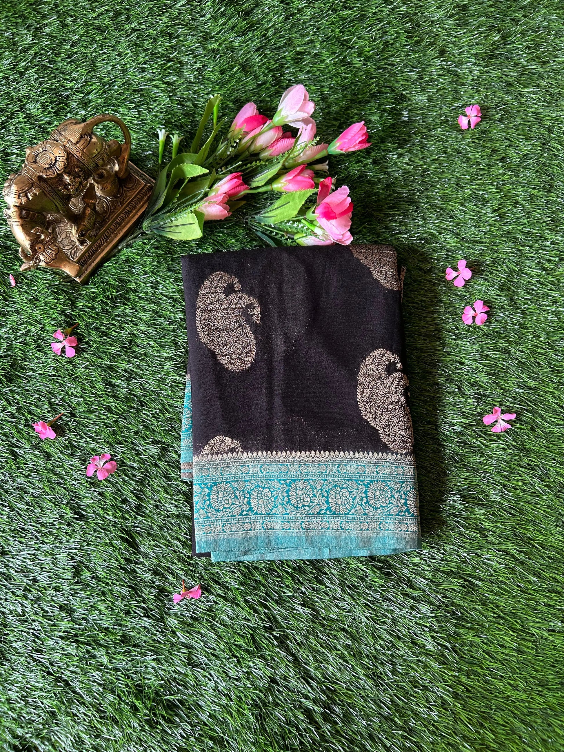 Black Color Kadi Georgette Banaras saree with contrast border Mandira Silks