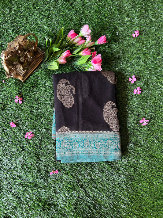 Black Color Kadi Georgette Banaras saree with contrast border Mandira Silks