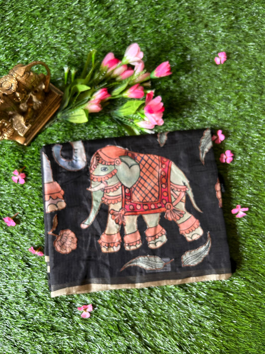 Black color Kota Saree with Kalamkari appliqué work Mandira Silks