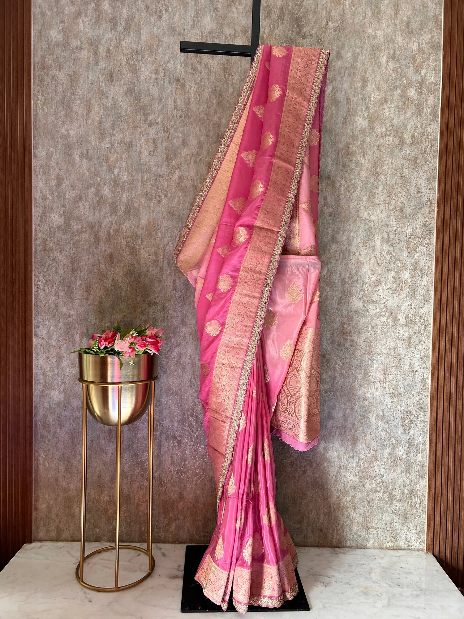 Pink color silk saree with scallop border Mandira Silks