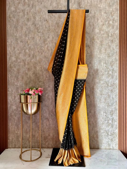 Black Color Kadi Georgette Banaras saree with contrast yellow border Mandira Silks