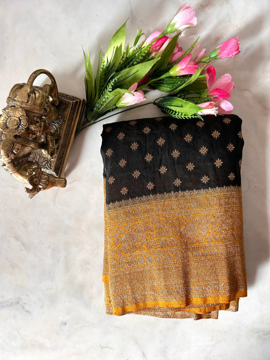 Black Color Kadi Georgette Banaras saree with contrast yellow border Mandira Silks