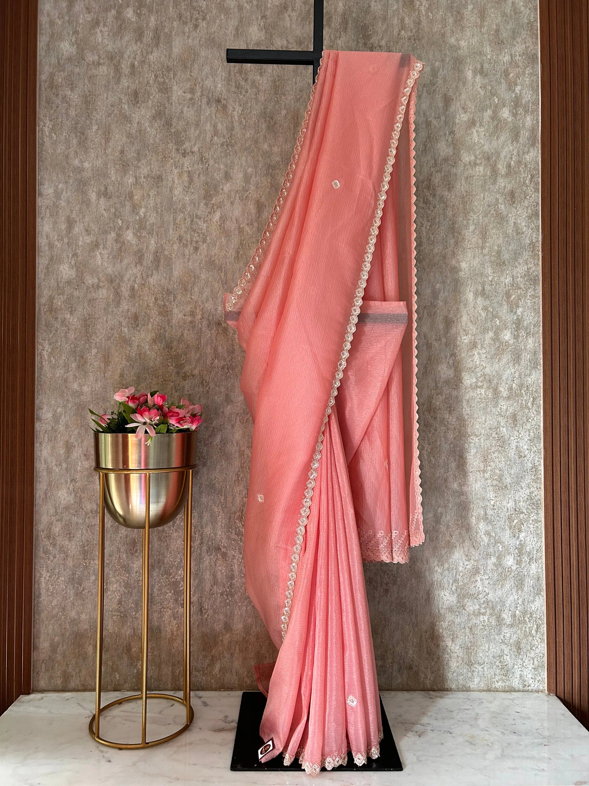 Peach Color Crush Tissue saree with beads work Mandira Silks