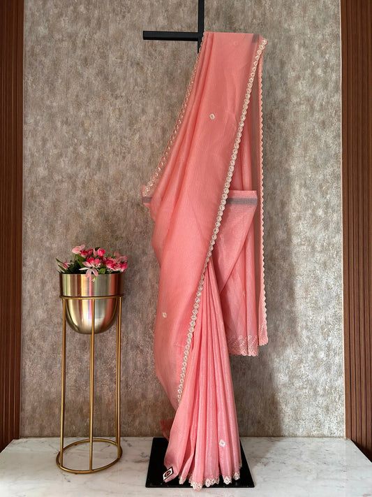 Peach Color Crush Tissue saree with beads work Mandira Silks