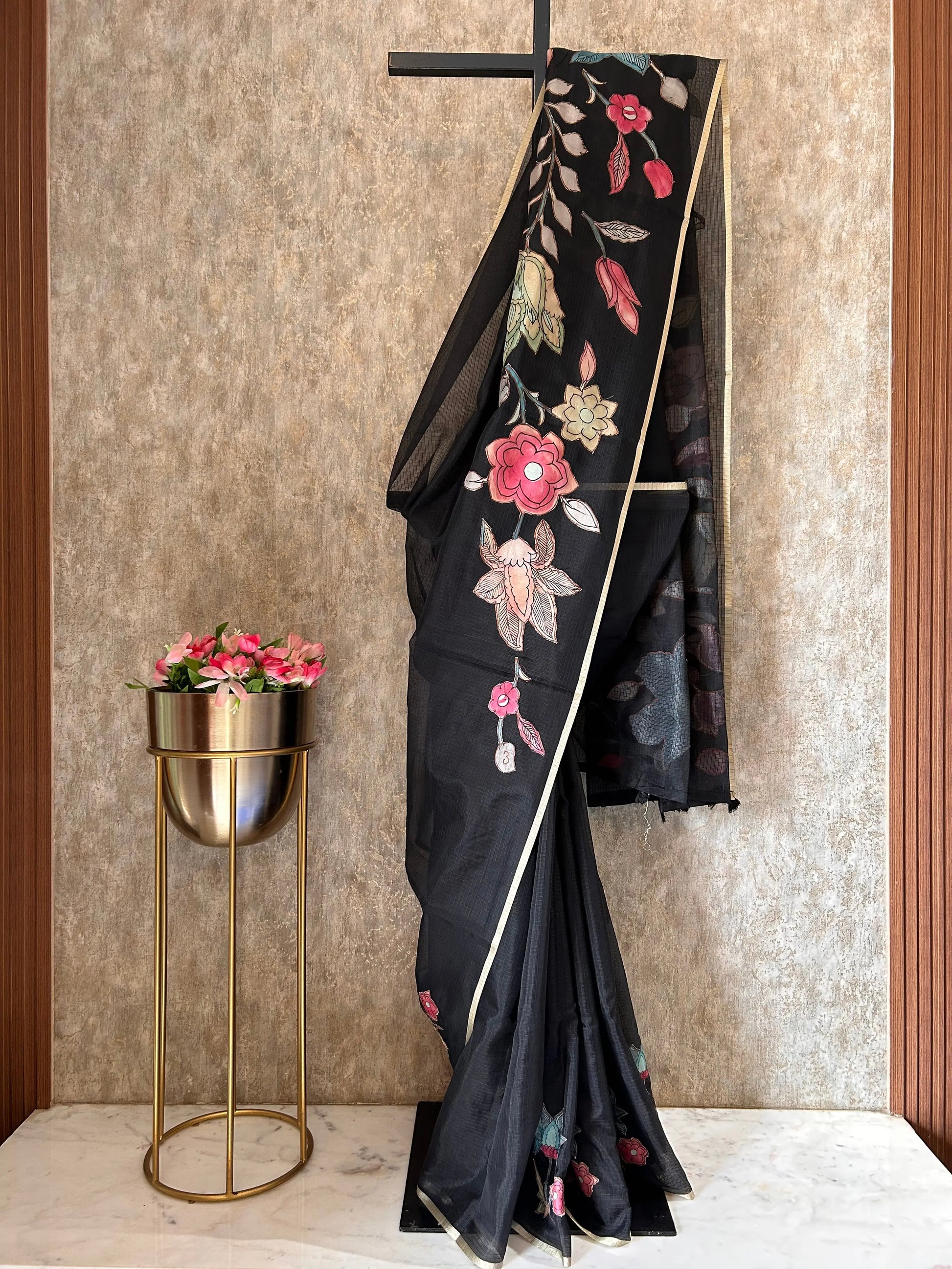 Black color Kota Saree with Kalamkari appliqué work Mandira Silks