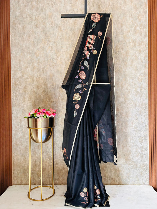 Black color Kota Saree with Kalamkari appliqué work Mandira Silks