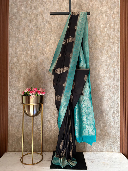 Black Color Kadi Georgette Banaras saree with contrast border Mandira Silks