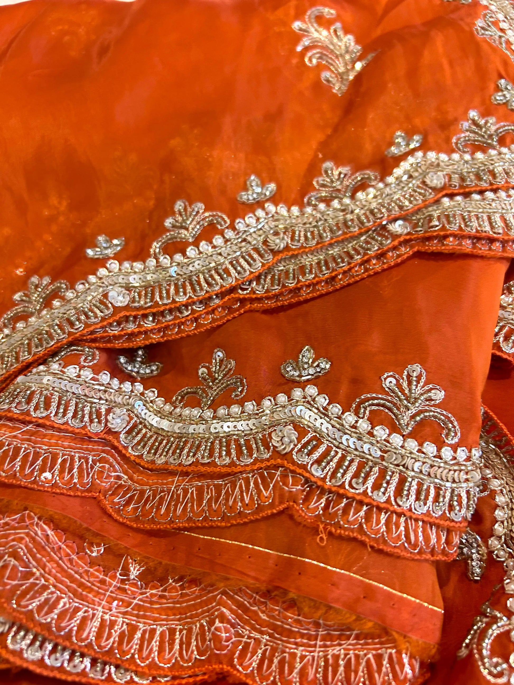 Rusty Orange Color Chinon saree with Kardana work Mandira Silks