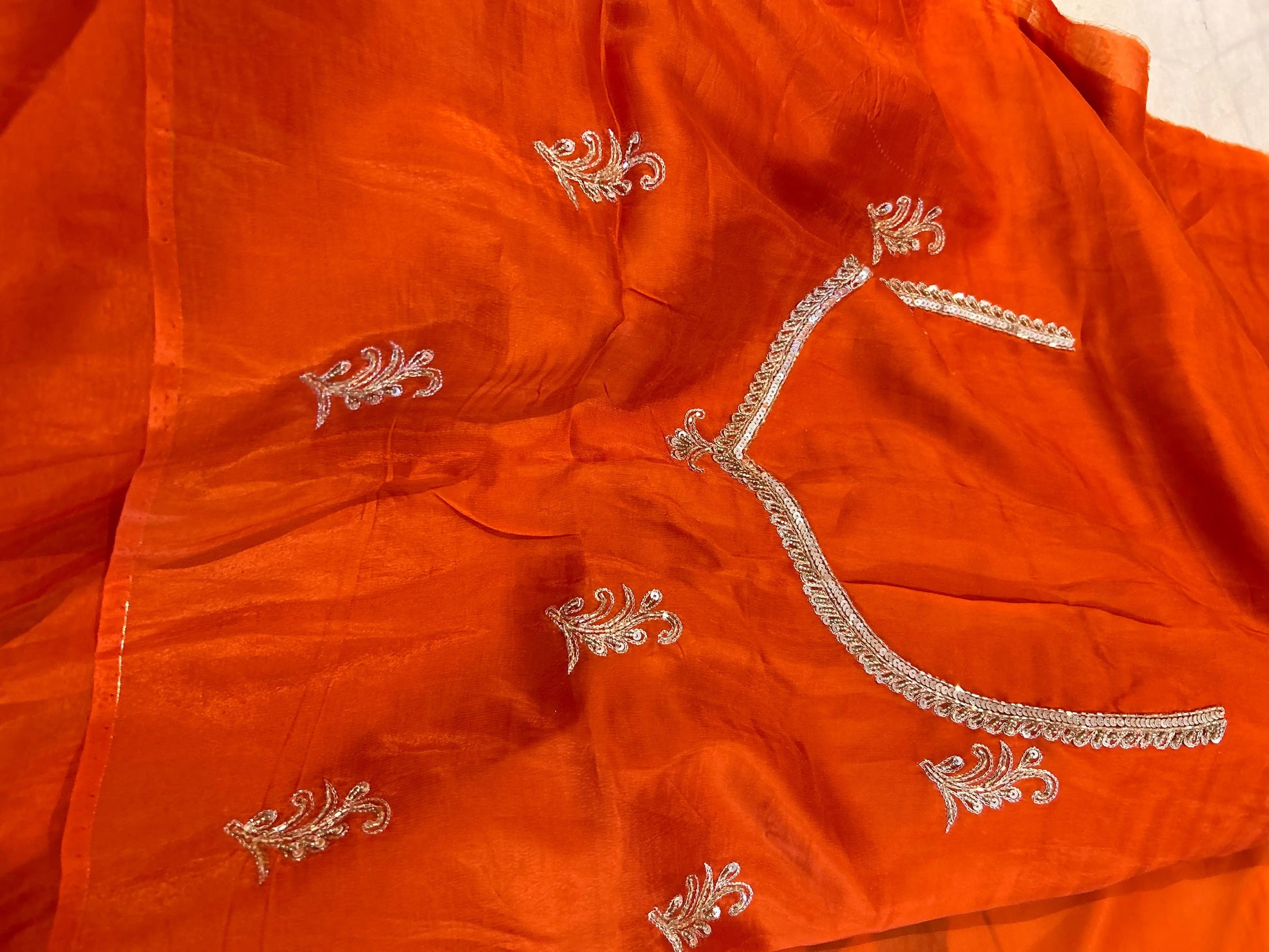 Rusty Orange Color Chinon saree with Kardana work Mandira Silks