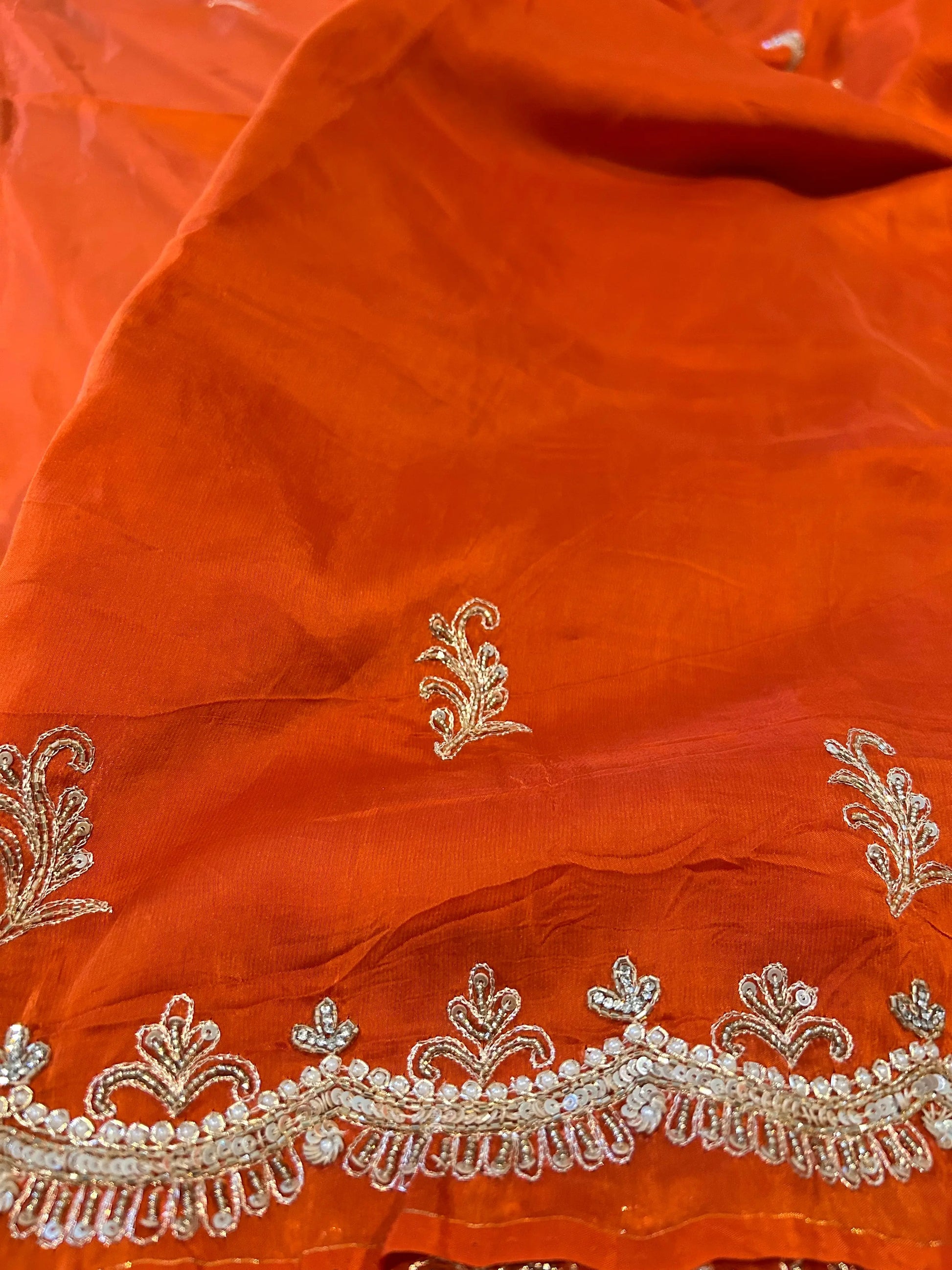 Rusty Orange Color Chinon saree with Kardana work Mandira Silks