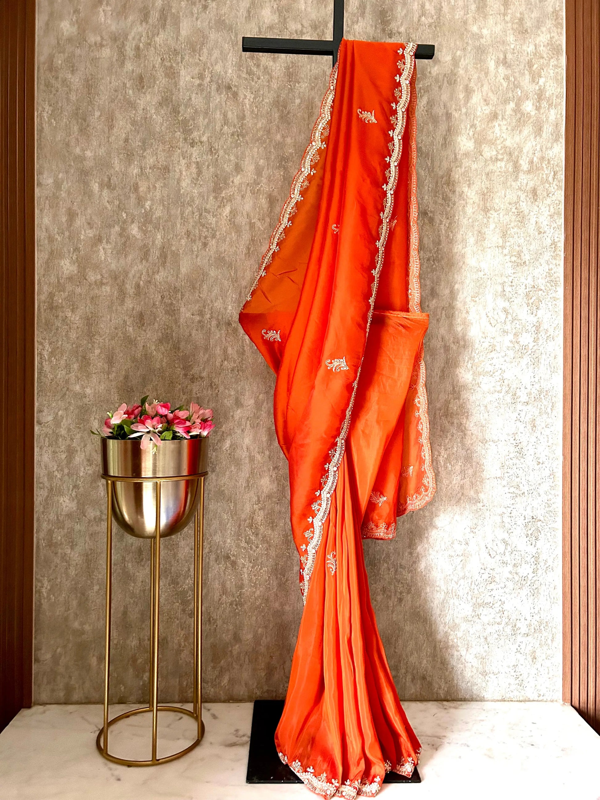 Rusty Orange Color Chinon saree with Kardana work Mandira Silks