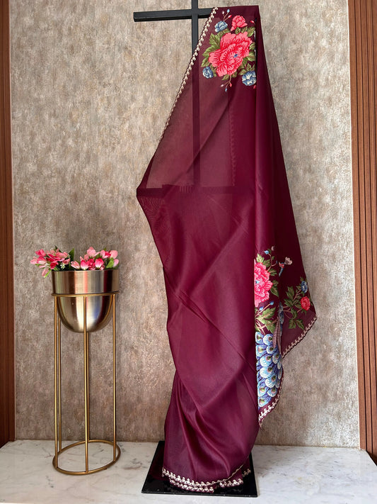 Maroon color 1gm Glass Tissue designer saree with embroidery work Mandira Silks