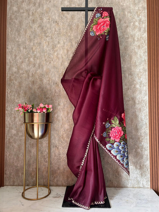Maroon color 1gm Glass Tissue designer saree with embroidery work Mandira Silks