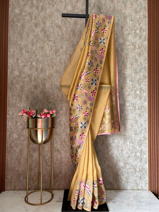 Gold color Glass Tissue Saree with embroidery work Mandira Silks