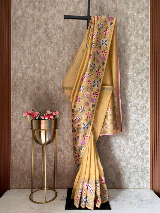 Gold color Glass Tissue Saree with embroidery work Mandira Silks