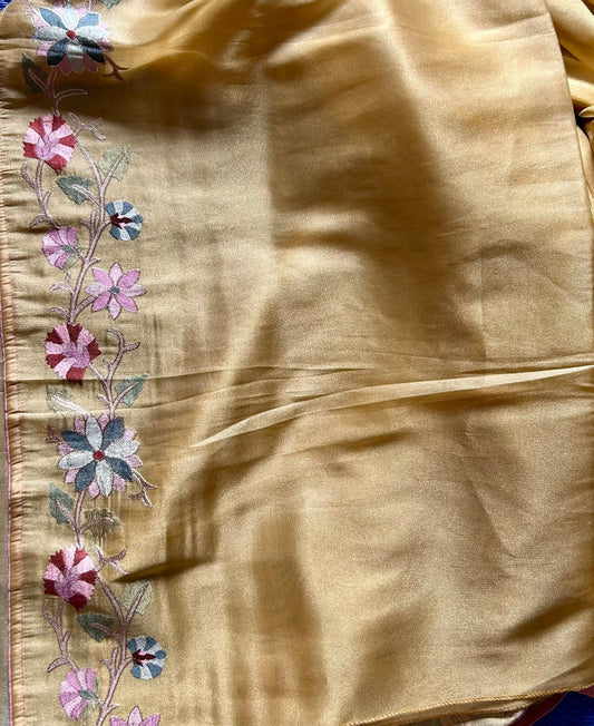 Gold color Glass Tissue Saree with embroidery work Mandira Silks