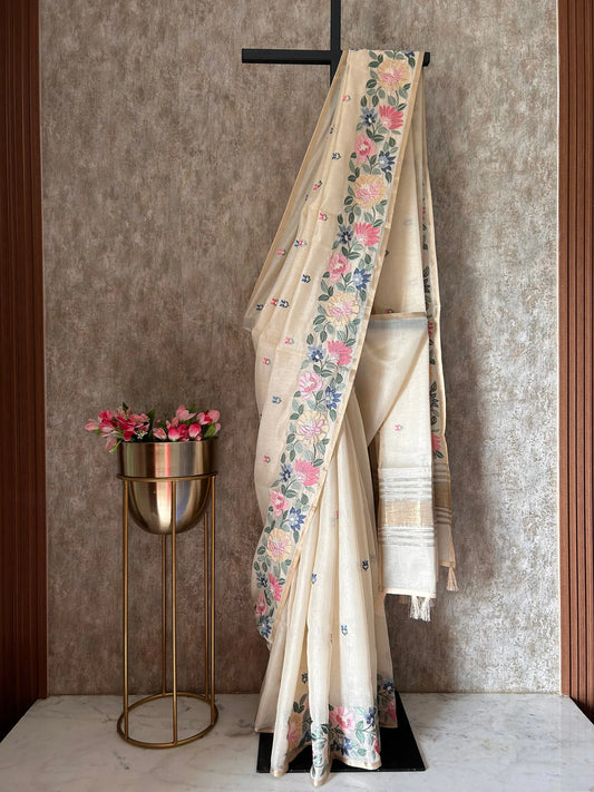 Wheatish white color Chapa Tussar by cotton Saree with embroidery work Mandira Silks