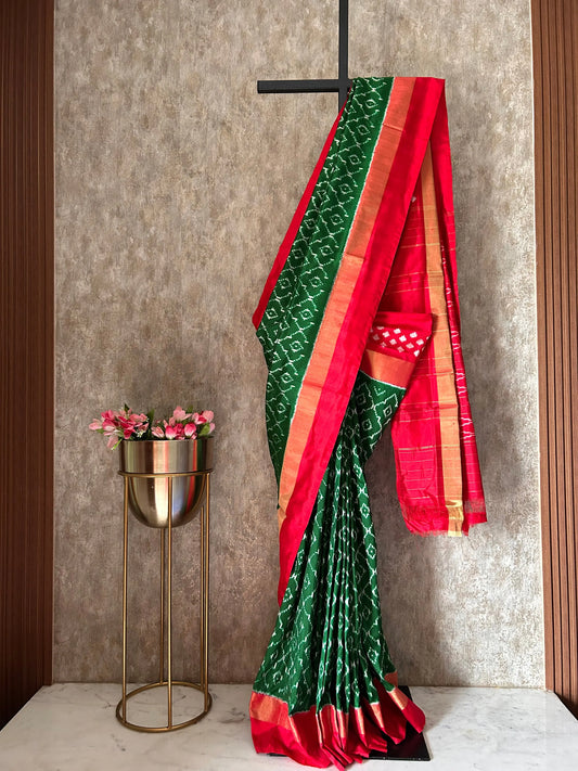 Green and Red color Pure Ikkat Silk Saree Mandira Silks