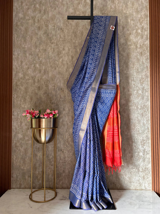 Blue and Red Bafta Tussar Block Printed Saree Mandira Silks