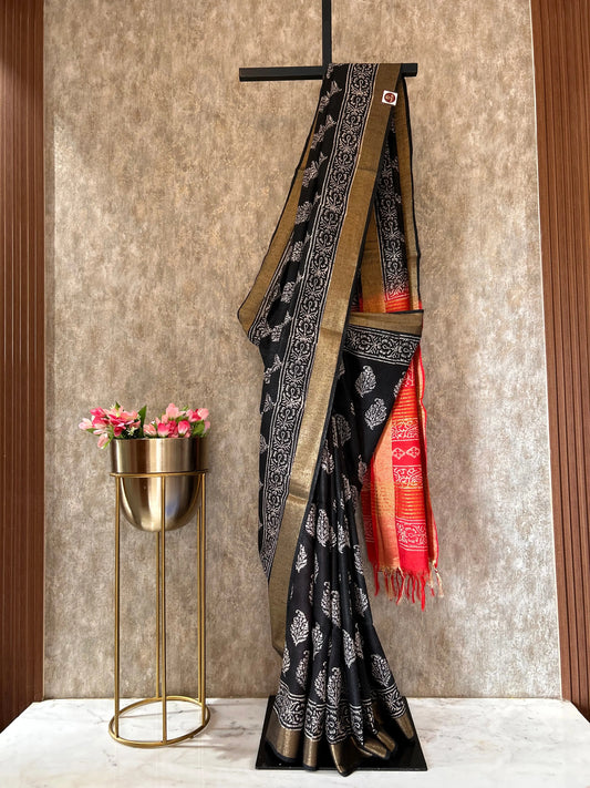Black and Red Bafta Tussar Block Printed Saree Mandira Silks