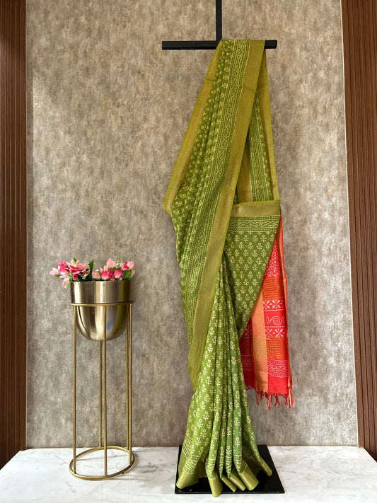 Green and Red Bafta Tussar Block Printed Saree Mandira Silks