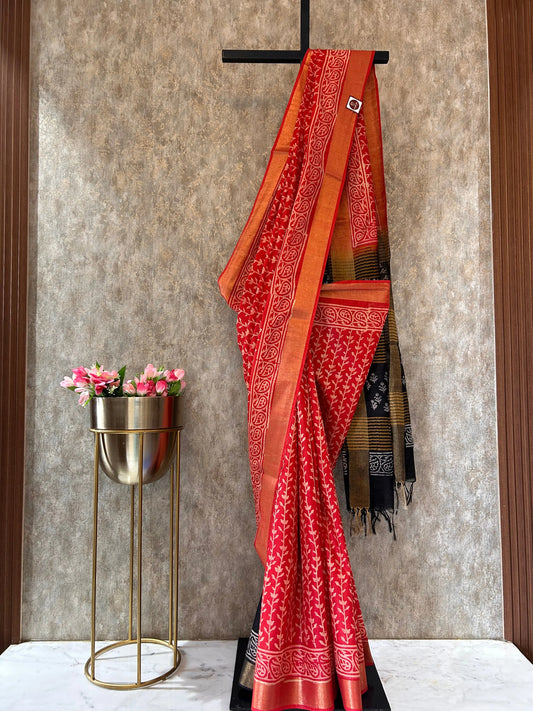 Red and Black Bafta Tussar Block Printed Saree Mandira Silks