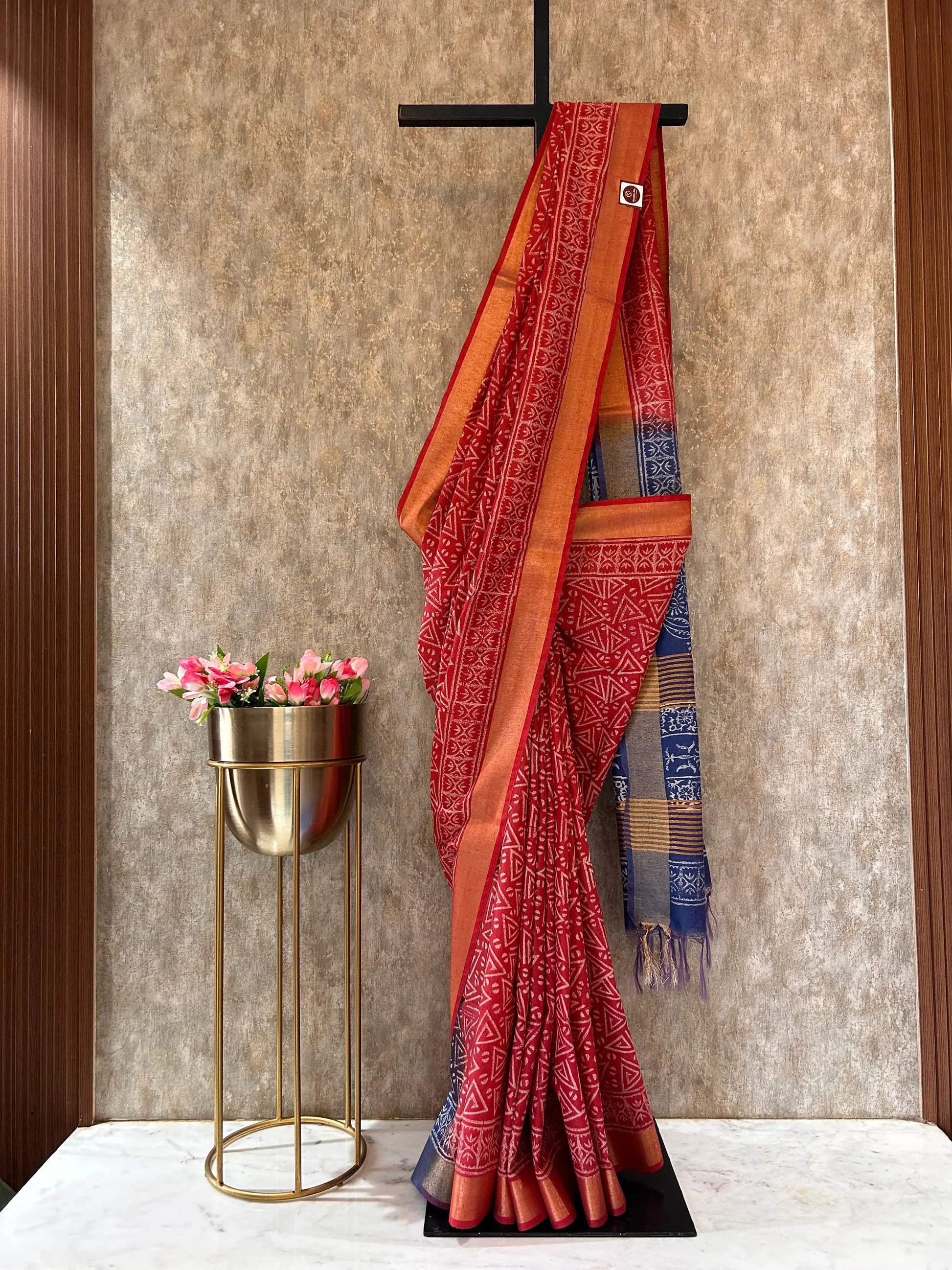 Red and Blue Bafta Tussar Block Printed Saree Mandira Silks