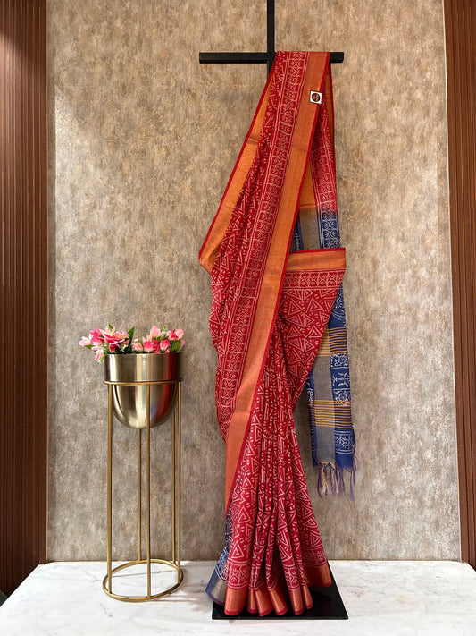Red and Blue Bafta Tussar Block Printed Saree Mandira Silks