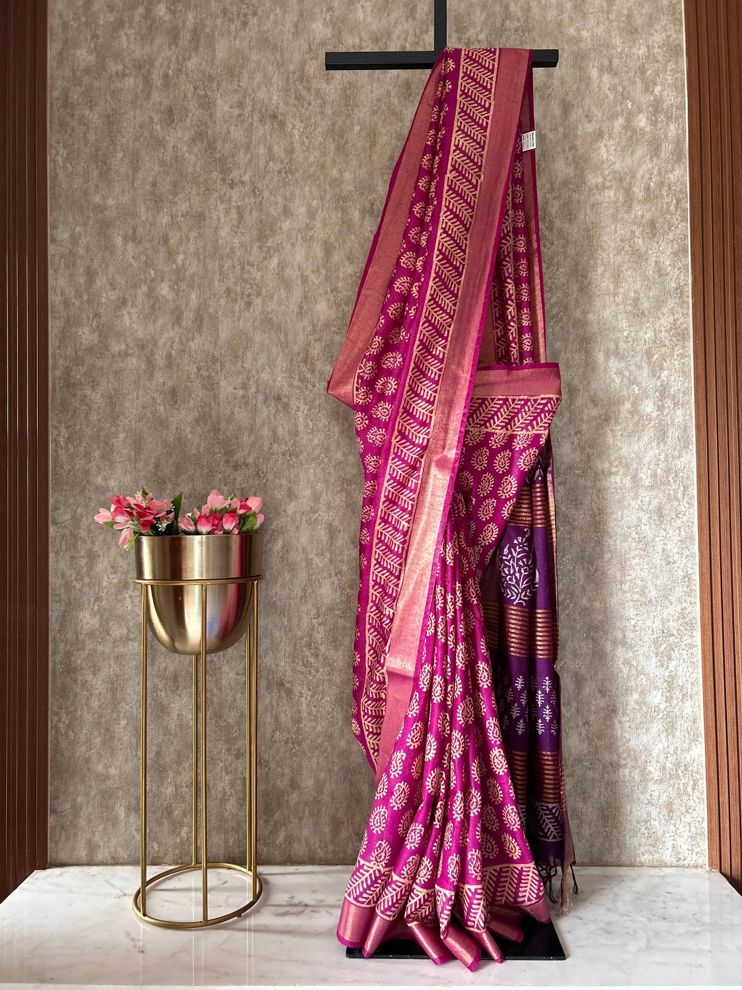 Pink and Purple Bafta Tussar Block Printed Saree Mandira Silks