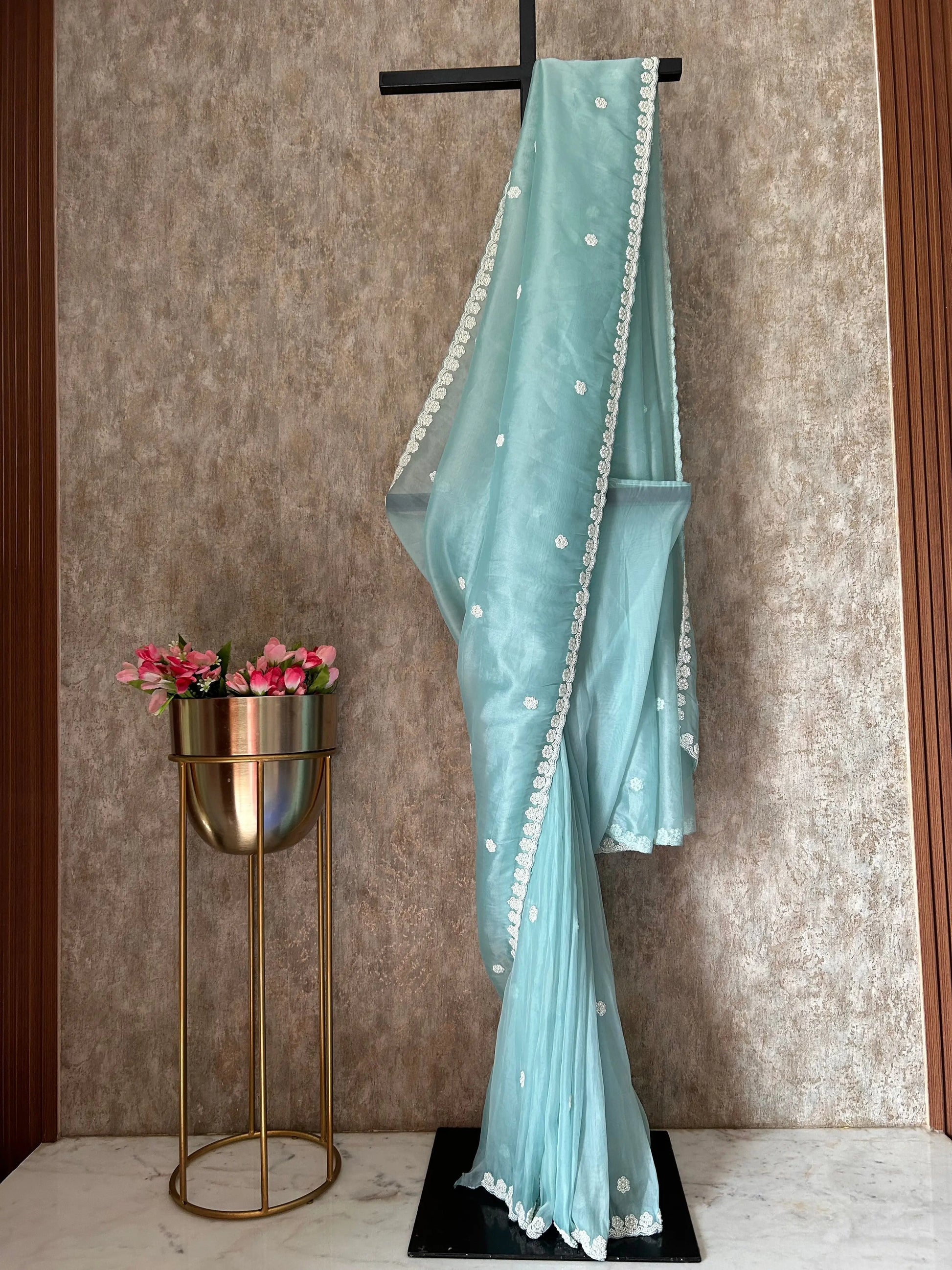 Pale Blue Color netted saree with pearl work Mandira Silks