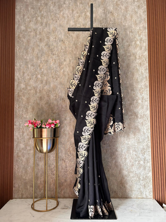 Black color Tussar Saree with zari embroidery work Mandira Silks