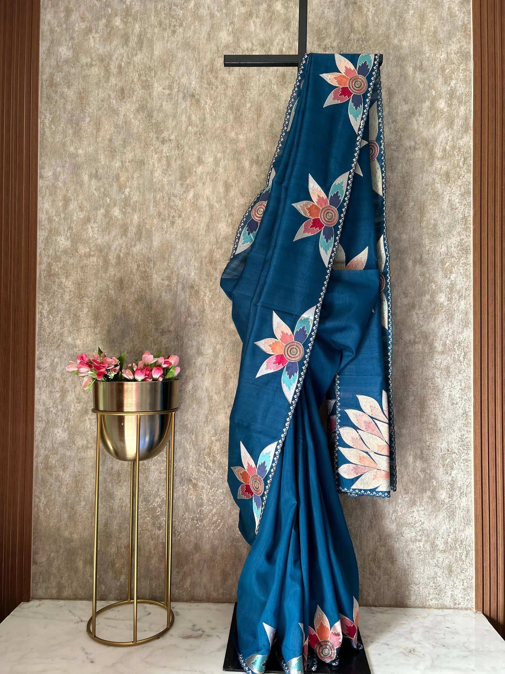 Blue Color Tussar Saree with Embroidery Work