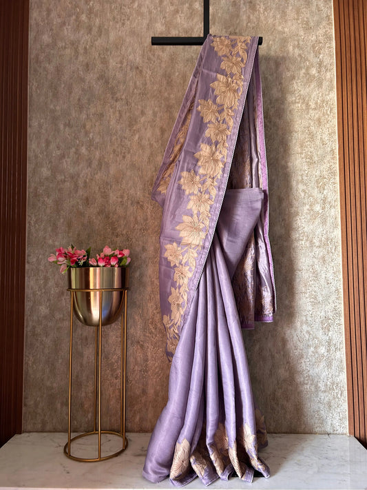 Lavender Color Dabu Tussar Saree with appliqué work Mandira Silks