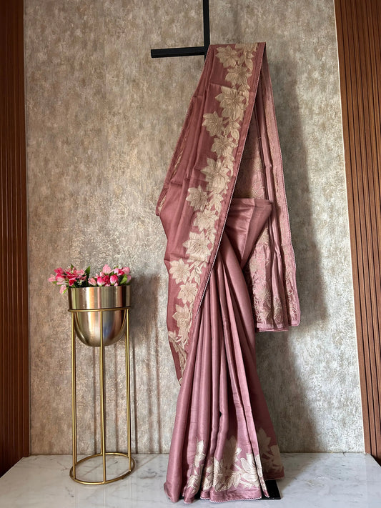 Coral Pink Color Dabu Tussar Saree with appliqué work Mandira Silks