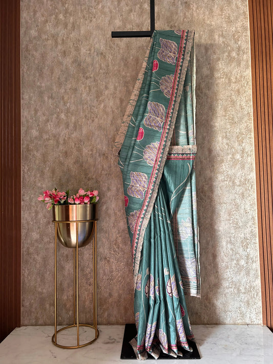 Green Color printed Tussar Saree with Kantha Stich work Mandira Silks