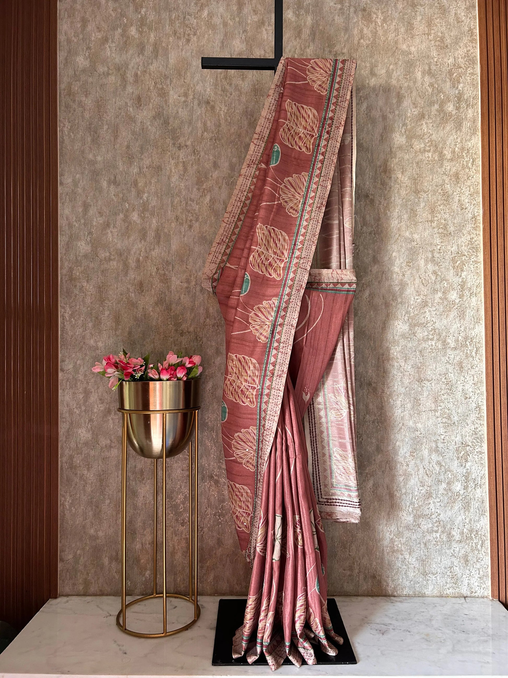 Rust Color printed Tussar Saree with Kantha Stich work Mandira Silks