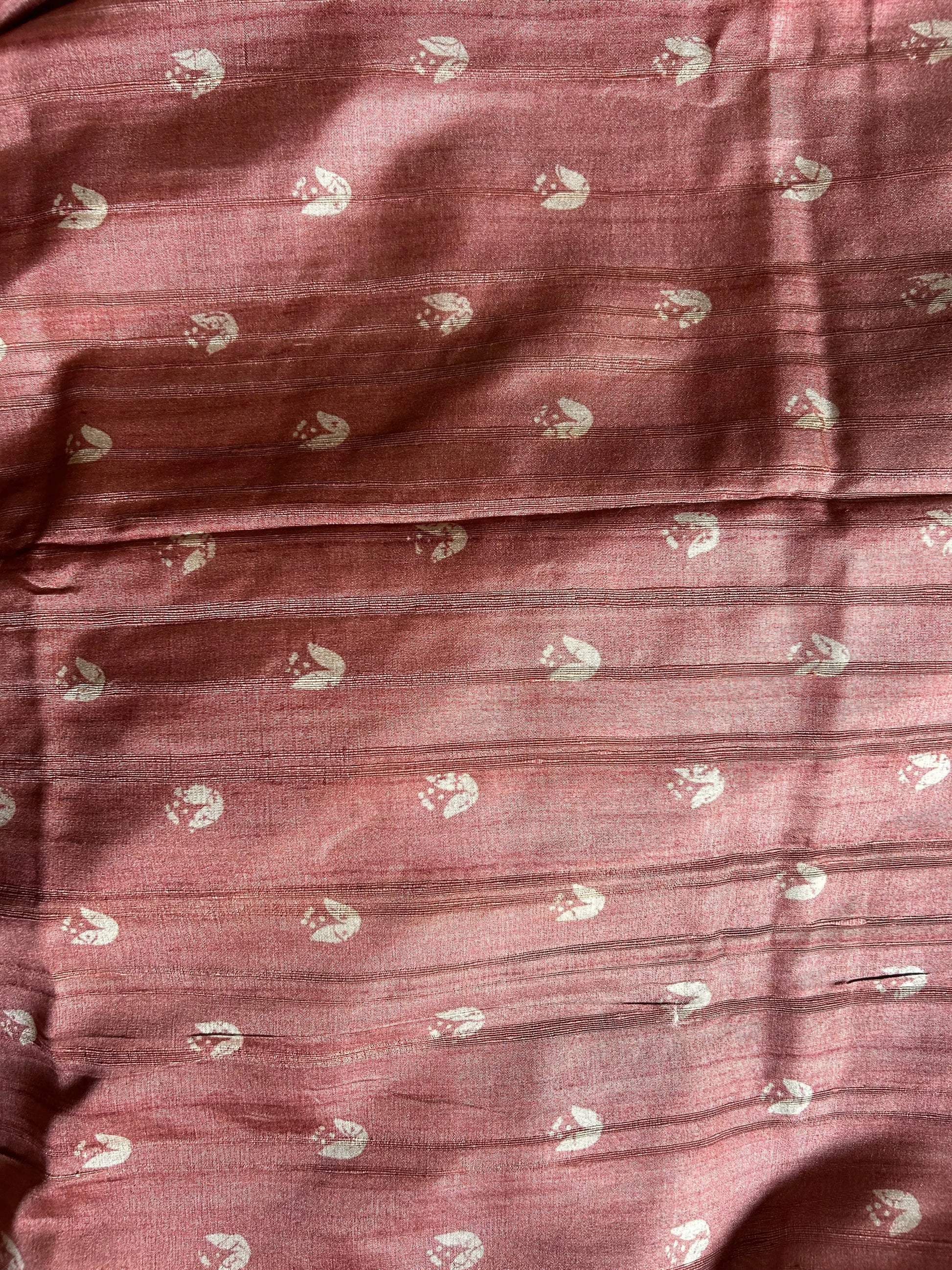 Rust Color printed Tussar Saree with Kantha Stich work Mandira Silks