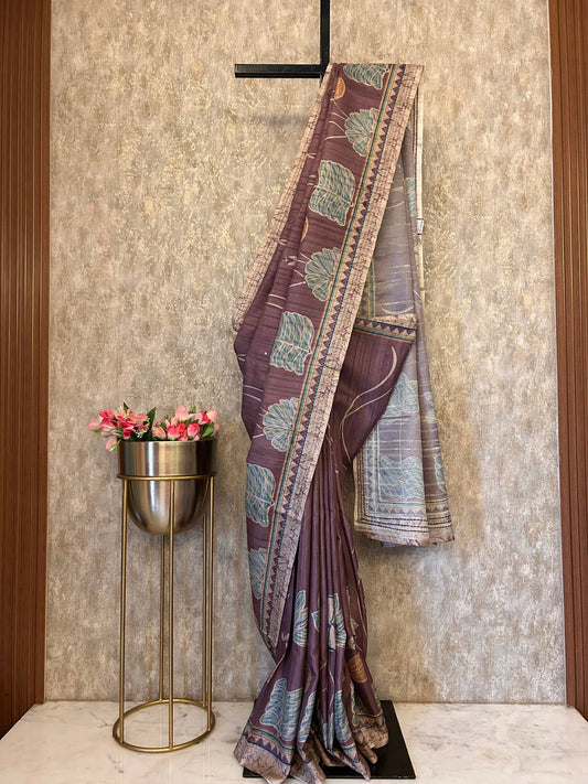 Purple Color printed Tussar Saree with Kantha Stitch work Mandira Silks