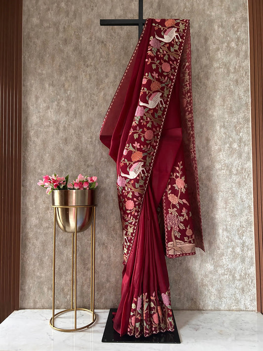 Maroon color 1gm Glass Tissue designer saree with Embroidery thread work Mandira Silks