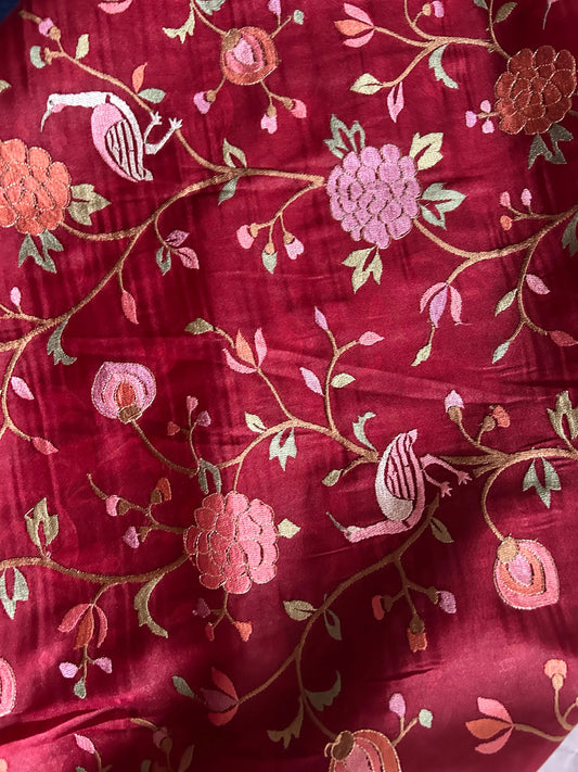 Maroon color 1gm Glass Tissue designer saree with Embroidery thread work Mandira Silks