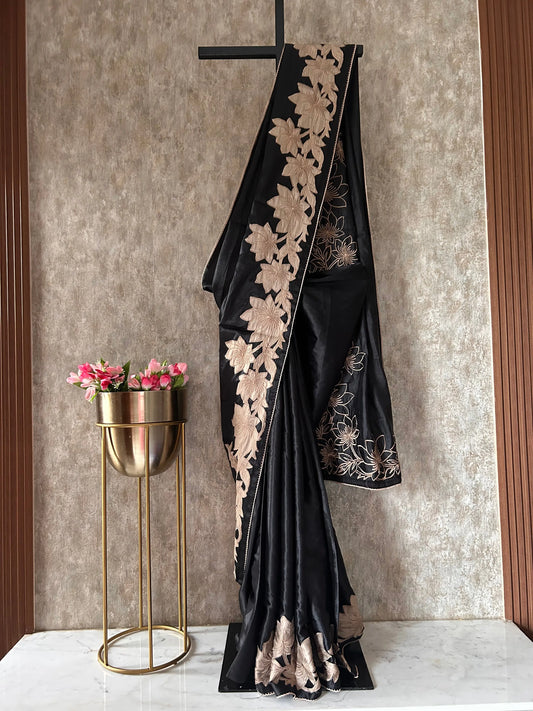 Black Color Tussar Saree with appliqué work Mandira Silks