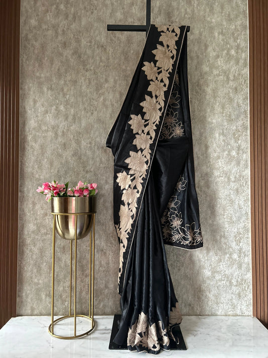Black Color Tussar Saree with appliqué work Mandira Silks