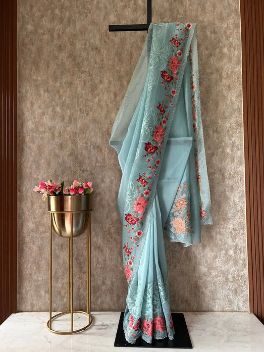 Light blue color 1gm Glass Tissue designer saree with Embroidery thread work Mandira Silks